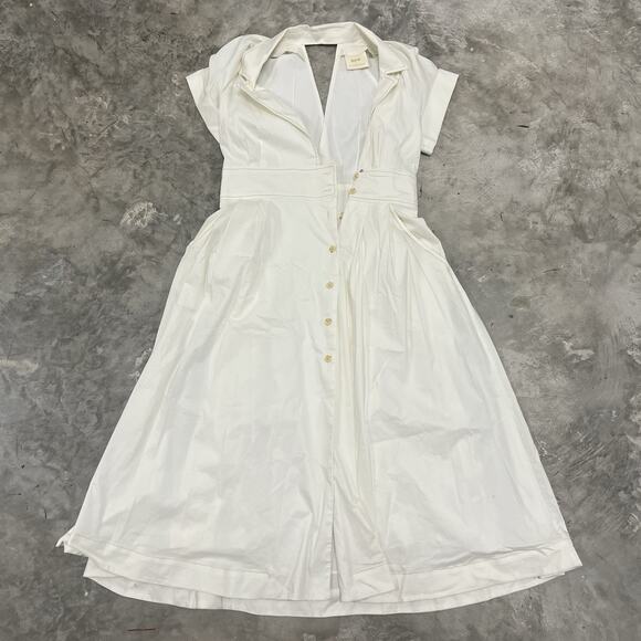 Maeve By Anthropologie Women White Short Sleeve Front Slit Poplin Shirt Dress 12 - Picture 1 of 10